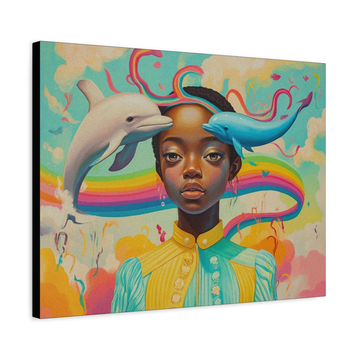 Pastel Dolphin & Girl Canvas Wall Art | Black Psychedelic Art