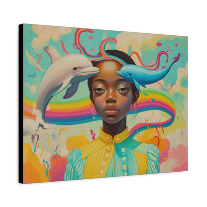 Pastel Dolphin & Girl Canvas Wall Art | Black Psychedelic Art