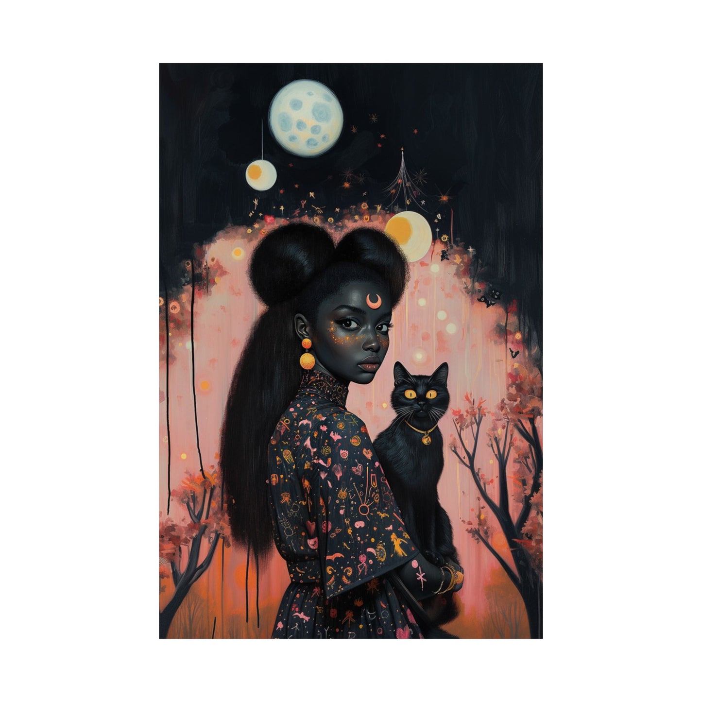 Black Witch & Black Cat Poster | Sakura Moon | Art Print for Kids Room