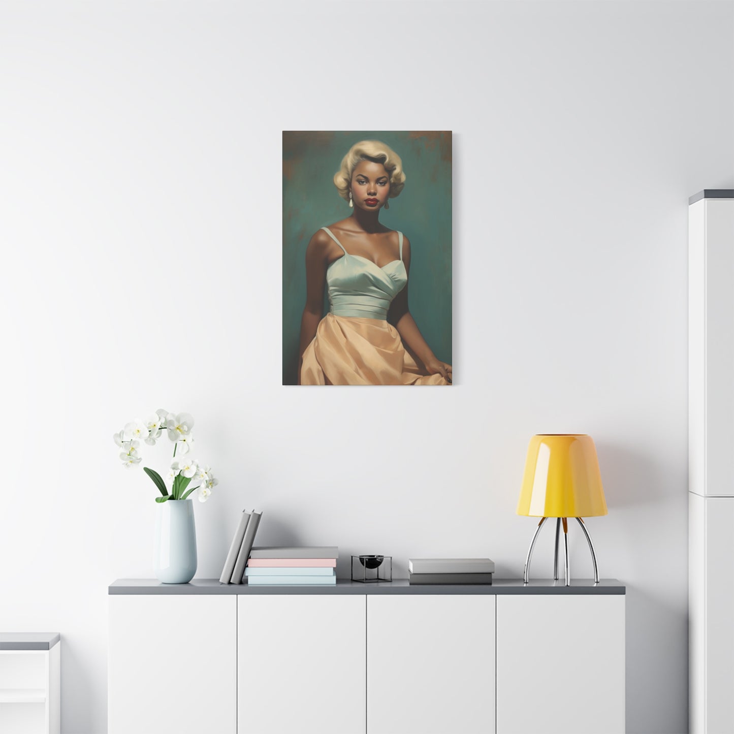 Hollywood Glam Black Woman, Blonde Hair – Blue & Gold Dress