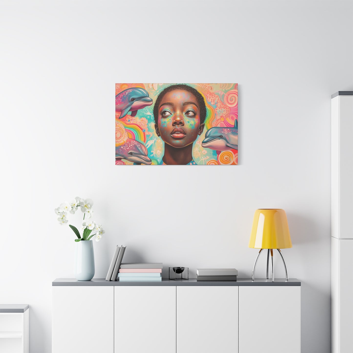 Vibrant Fantasy Dolphin & Black Girl Canvas Wall Art for Nursery, Hallway or Living Room