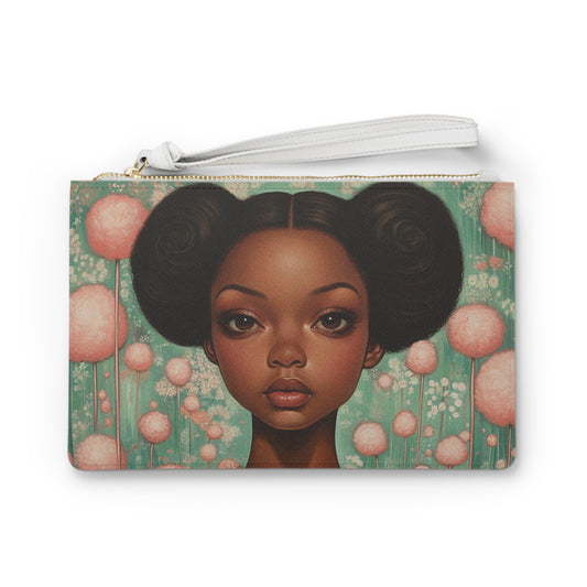 Pastel Pink and Teal Afro Puff - Vegan sewn Clutch Bag for Makeup, Crafts or Essentials
