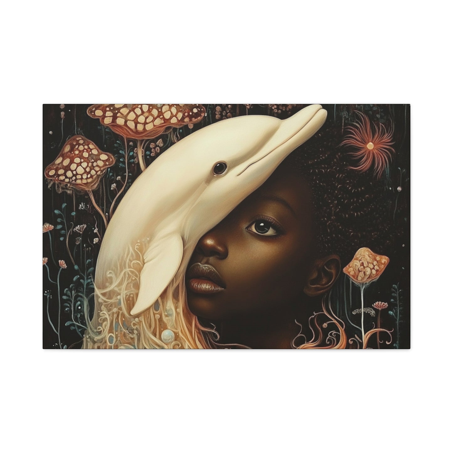 Fantasy Art Print – Black Girl and White Dolphin in Dreamlike Ocean Scene