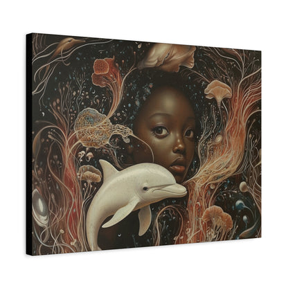 Black Girl and Dolphin Fantasy Art – Mystical Ocean-Themed Canvas Wall Decor