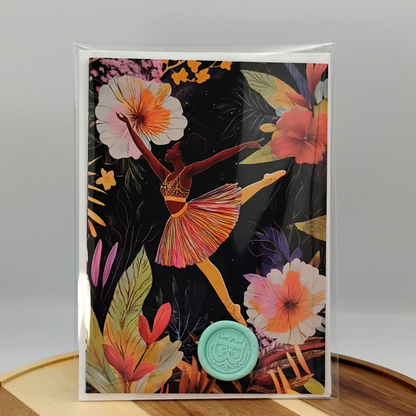 Beautiful Black Ballerina card with wax blue sticker seal in packaging.