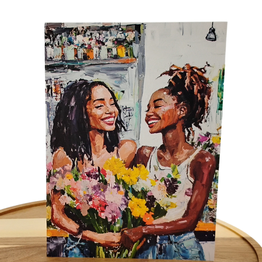 Black Floral Illustration, Black Women w/ Bouquet - Appreciation & Gratitude