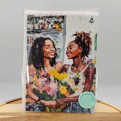 Black Floral Illustration, Black Women w/ Bouquet - Appreciation & Gratitude