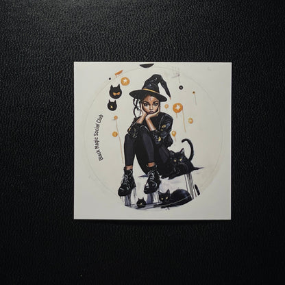 Illustration of a witch sitting on a broomstick with cats on a black background