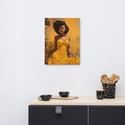 Colorful Retro Glam Poster – Vintage-Inspired Black Woman in Yellow Dress