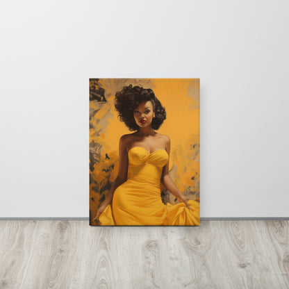 Colorful Retro Glam Poster – Vintage-Inspired Black Woman in Yellow Dress